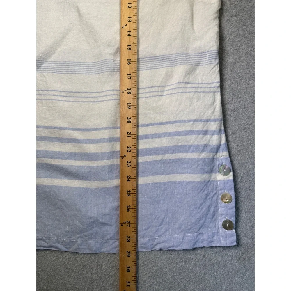 Sigrid Olsen Tunic Top Womens Medium White Blue Striped Linen 3/4 Sleeve‎ V-Neck